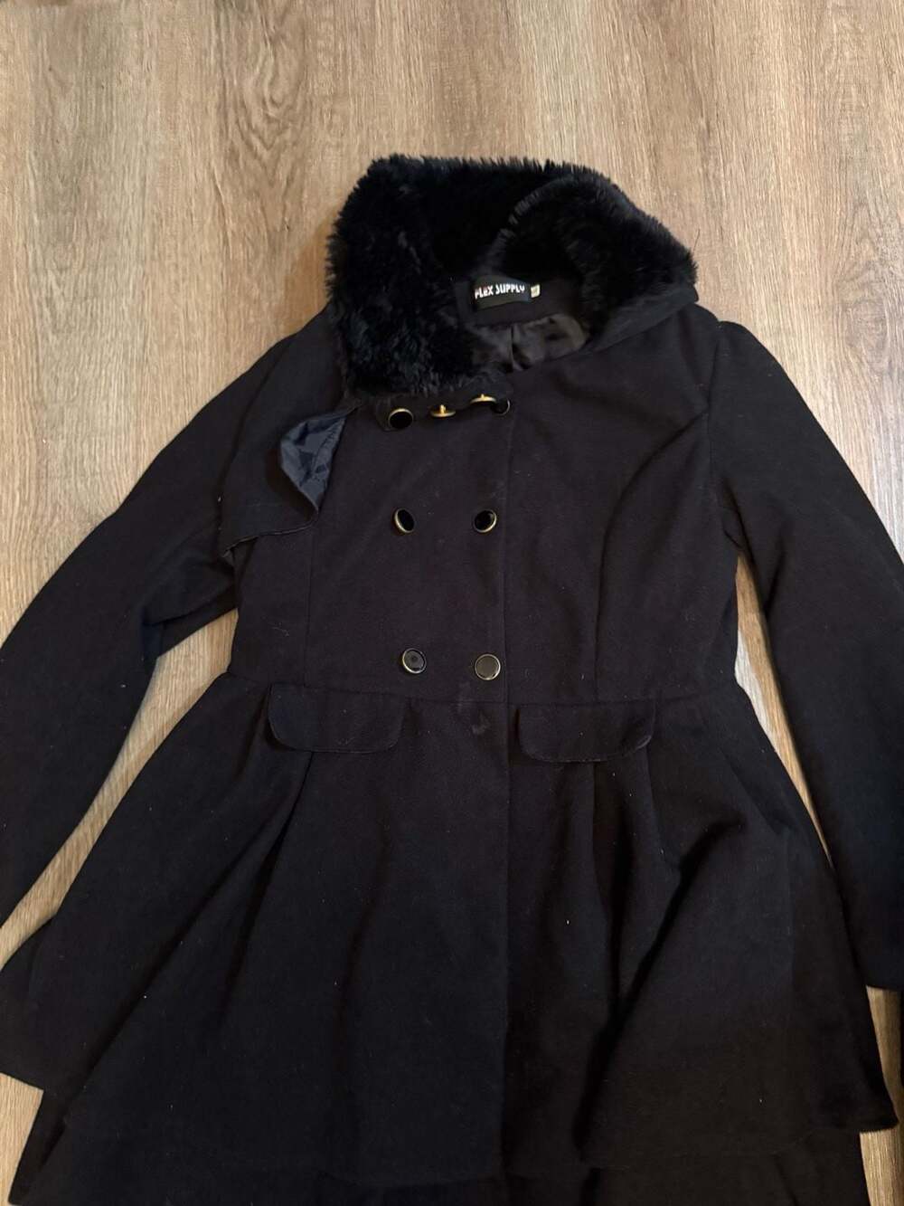 Flex Supply Coat Size XL Black Faux Fur Collar Pea Jacket Double Breasted